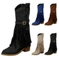thumbnail image 3 of XIMIN Women Fringe Cowgirl Boots Knee High Boots Embroidered Cowboy Boots Stud Square Toe Mid Calf Western Boots with Chunky Heel Comfort Tall Western Boots, 3 of 6
