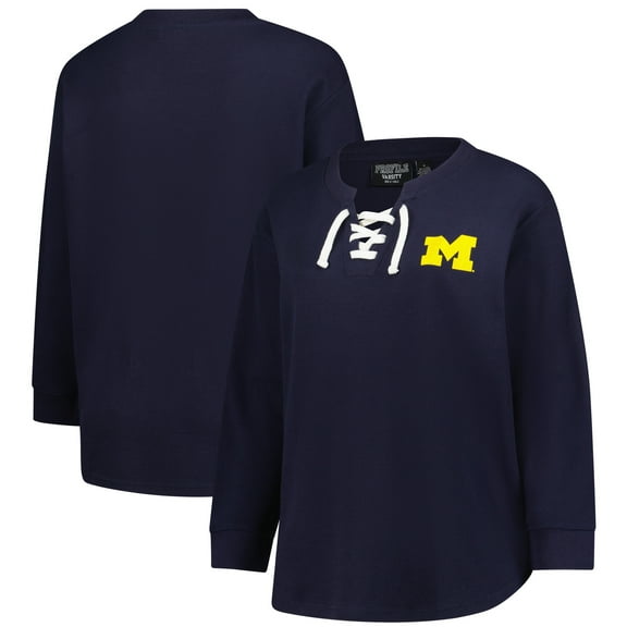 Women's Fanatics Navy Michigan Wolverines Lace-Up Waffle Knit Plus Size Long Sleeve T-Shirt