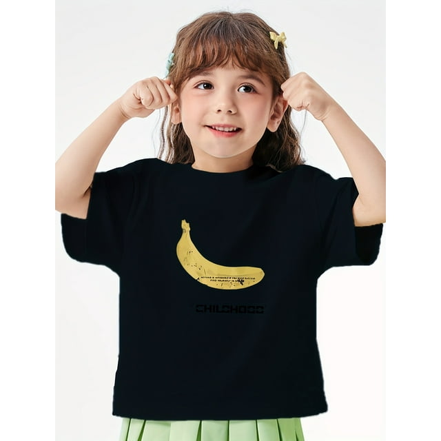 Camiseta informal de verano para niña: cómoda camiseta elástica de cuello redondo y manga corta con divertido estampado gráfico de plátano, amarillo brillante, 100 % poliéster, lavable a máquina.
