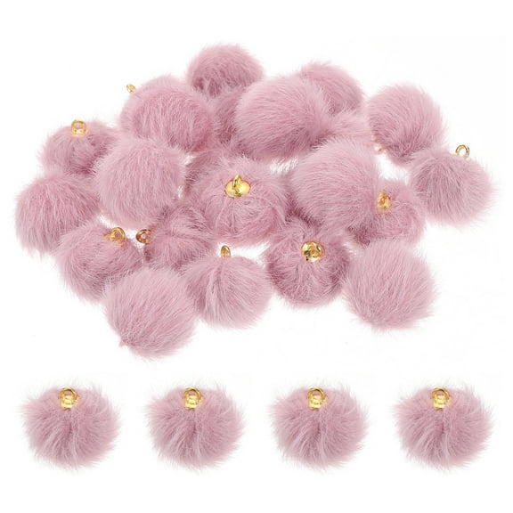 Pom Pom Charm, 24Pcs 15mm - Faux Fur Fluffy Pom Poms Pendants Balls, Pom Poms for DIY Crafts Jewelry Making Keychain Accessory (Bean Pink)