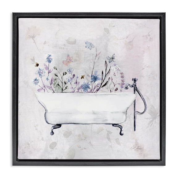 Stupell Industries Antique Bathtub Botanicals Floral Painting Black Floater Framed Canvas Art Print Wall Art, 18 x 18