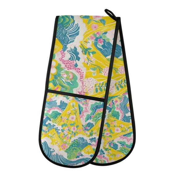 Yayeee Double Oven Mitt Kitchen Heat Resistant Baking 35" x7" Quilted Glove, Yellow Mountains