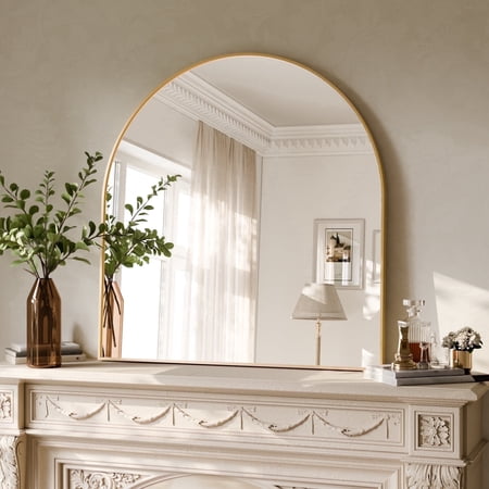 Condition photo showing New/Like New for yvanla 34 x32  arched bathroom mirror wall mounted mirror with aluminum alloy frame  gold
