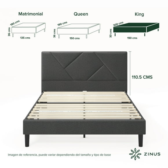 Base de Cama con Cabecera King Size Zinus Judy Estructura Tapizada Color Gris. Fácil Armado, para Todas las Edades.