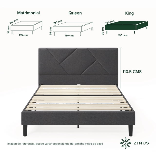 Base de Cama con Cabecera King Size Zinus Judy Estructura Tapizada Color Gris. Fácil Armado, para Todas las Edades.