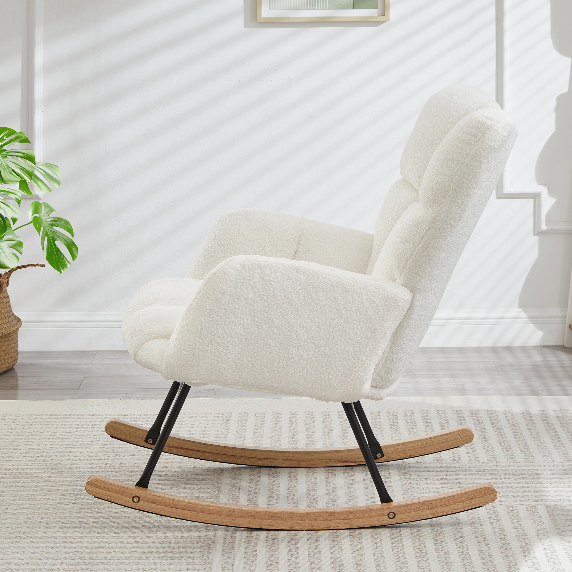 Nursery Rocking Chair Teddy Upholstered Glider Rocker Rocking Accent Chair Padded Seat with High Backrest Armchair Comfy Side Chair for Living Room Bedroom Offices, Ivory Teddy