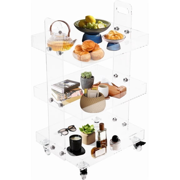 Miumaeov 3 Tier Acrylic Storage Cart,Utility Rolling Cart with Lockable Wheels,Clear Serving Cart for Kitchen, Bathroom,Living Room