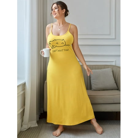 

Women s Plus Sleep Lounge Slogan And Cat Graphic Slip Dress 41222W21153
