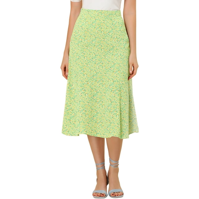 Unique Bargains Women's A-Line Leave Print Midi Skirt, Spring Green, XL