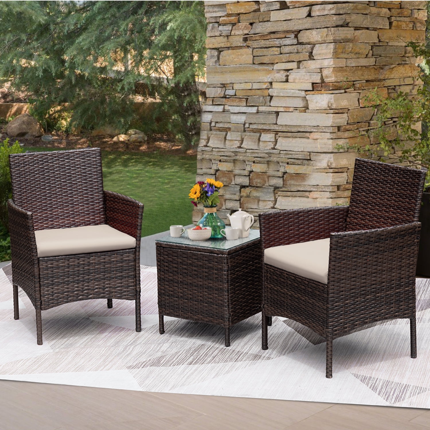 Devoko 3 Pieces Outdoor Furniture Sets Rattan Wicker Chairs Patio Conversation Set, Beige