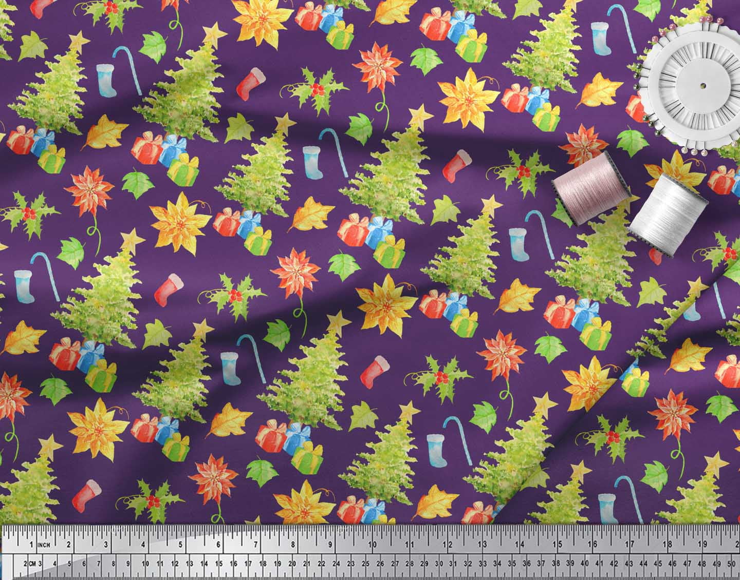 Soimoi Purple Velvet Fabric Gifts & Christmas Tree Print Fabric by Yard 58 Inch Wide