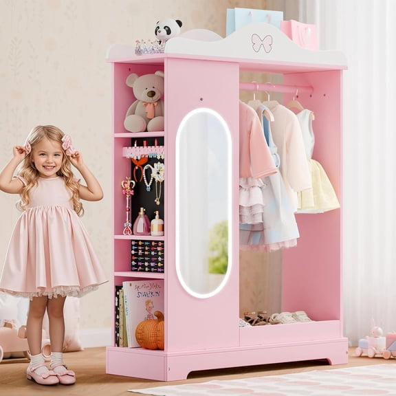 Kids Armoire with a Jewelry Cabinet, Dress Up Closet with Mirror, Kids Wardrobe Closet with Storage Shelves, Armoire Costume Organizer for Bedroom, Kids Room, Girl (Pink)