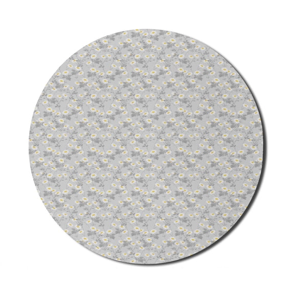 Floral Mouse Pad for Computers, Daisies View with Leaves in Greyscale Chamomiles Design, Round Non-Slip Thick Rubber Modern Gaming Mousepad, 8" Round, Pale Grey Yellow, by Ambesonne