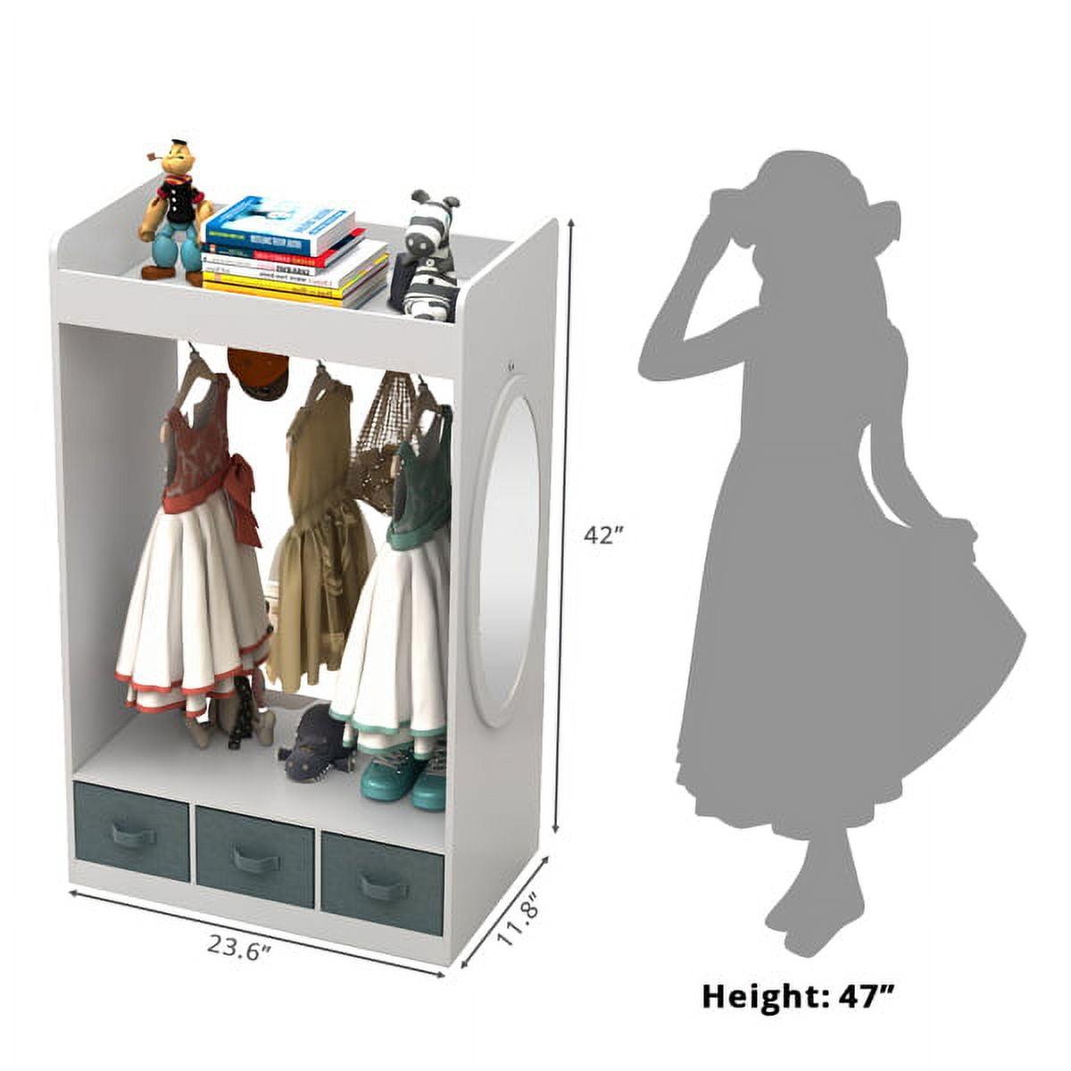 Kids Costume Organizer Rack, White Open Hanging Armoire Closet w/Full-Length Mirror, Playroom Storage for Dress-Up Clothes & Toys