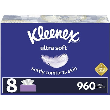 Kleenex Ultra Soft Facial Tissues, 8 Flat Boxes, 120 Tissues per Box (960 Total Tissues)