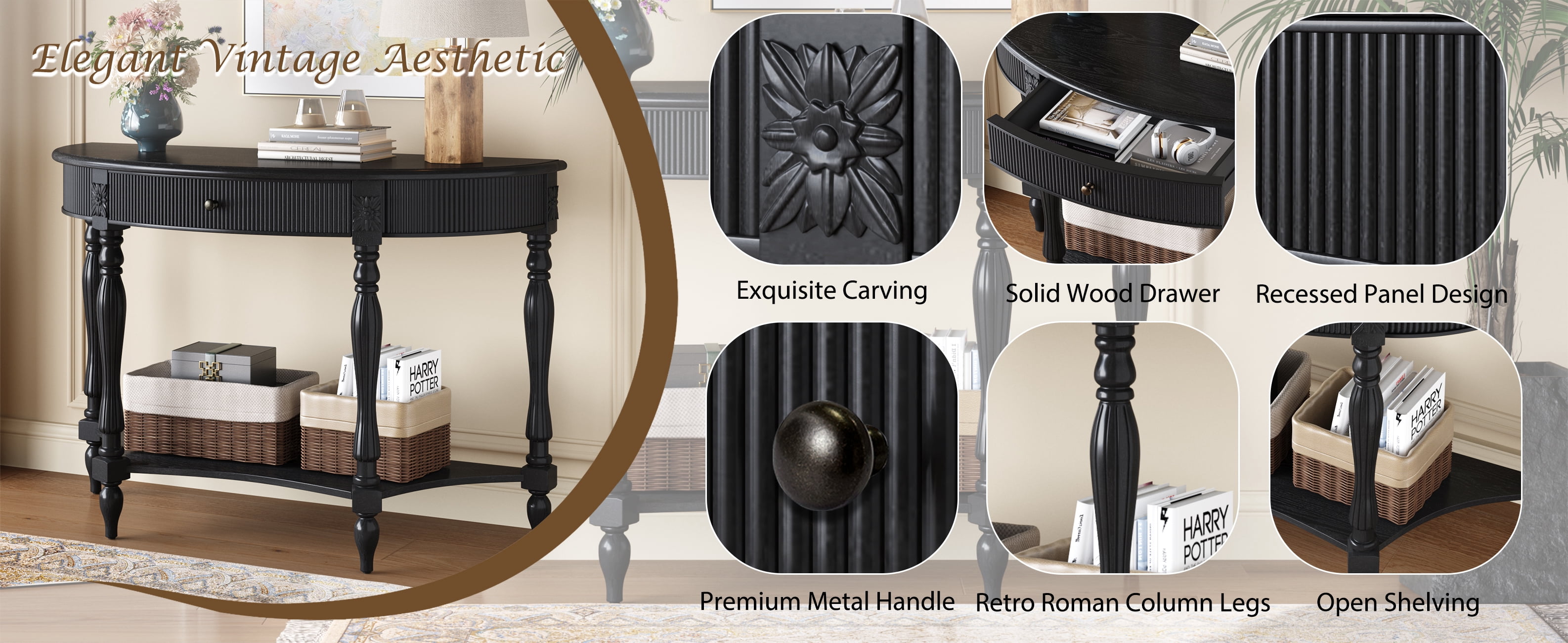 Solid Wood Half Moon Console Table with Drawer & Shelf, Fluted Vintage Curved Entryway Table for Hallway Living Room Foyer, Narrow Space-Saving Accent Furniture with Roman Column Carved Legs, Black