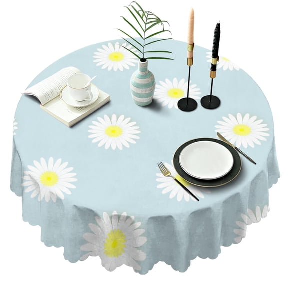 Round Tablecloth Wrinkle Free 60 Inch Table Cover Daisy Design Kitchen Dining