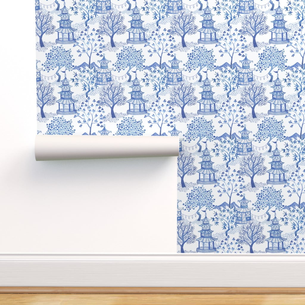 Peel-and-Stick Removable Wallpaper Pagoda Chinoiserie Blue White Asian Decor 