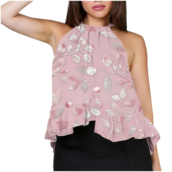 JSheng Casual Tank Top for Women Women Floral Printed Round Neck Lotus Leaf Hem Sleeveless Fashion Vest Top Pink M