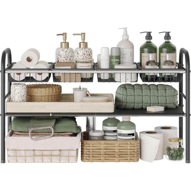 Organizador Bajo Fregadero, Estante de Cocina Expandible de 2 Niveles con 2 cestas metálicas, 1 Organizador de Tapas de Ollas 7 Compartimentos Ajustables, Adecuado para cocinas, An 69.3-81 cm