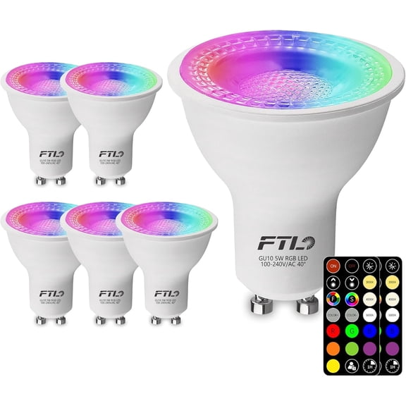 FTL GU10 LED Bulbs, 5W 40W Equivalent, 2700K-6000K RGB Colored, Dimmable, Remote Control, Timer, 6-Pack