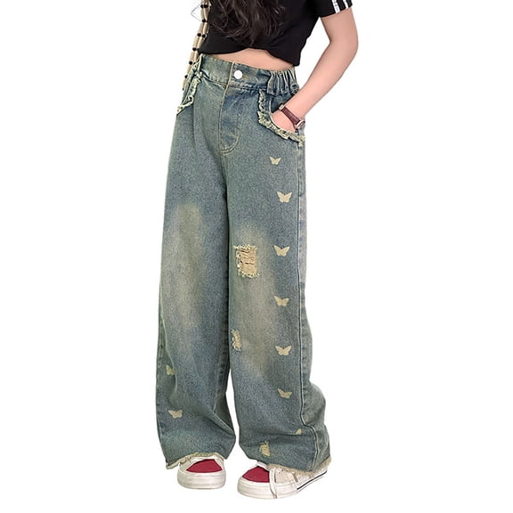 Ruyang Teen Girls Retro Jeans Ripped High Waist Baggy Straight Denim Pants Kids Wide Leg Fall Y2k Streetwear Denim Trousers