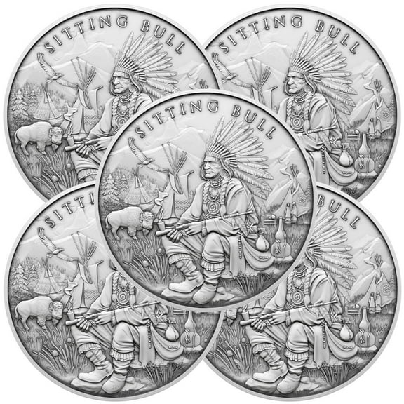 Lot of 5 - 1 Troy oz Sitting Bull Design .999 Fine Silver Round