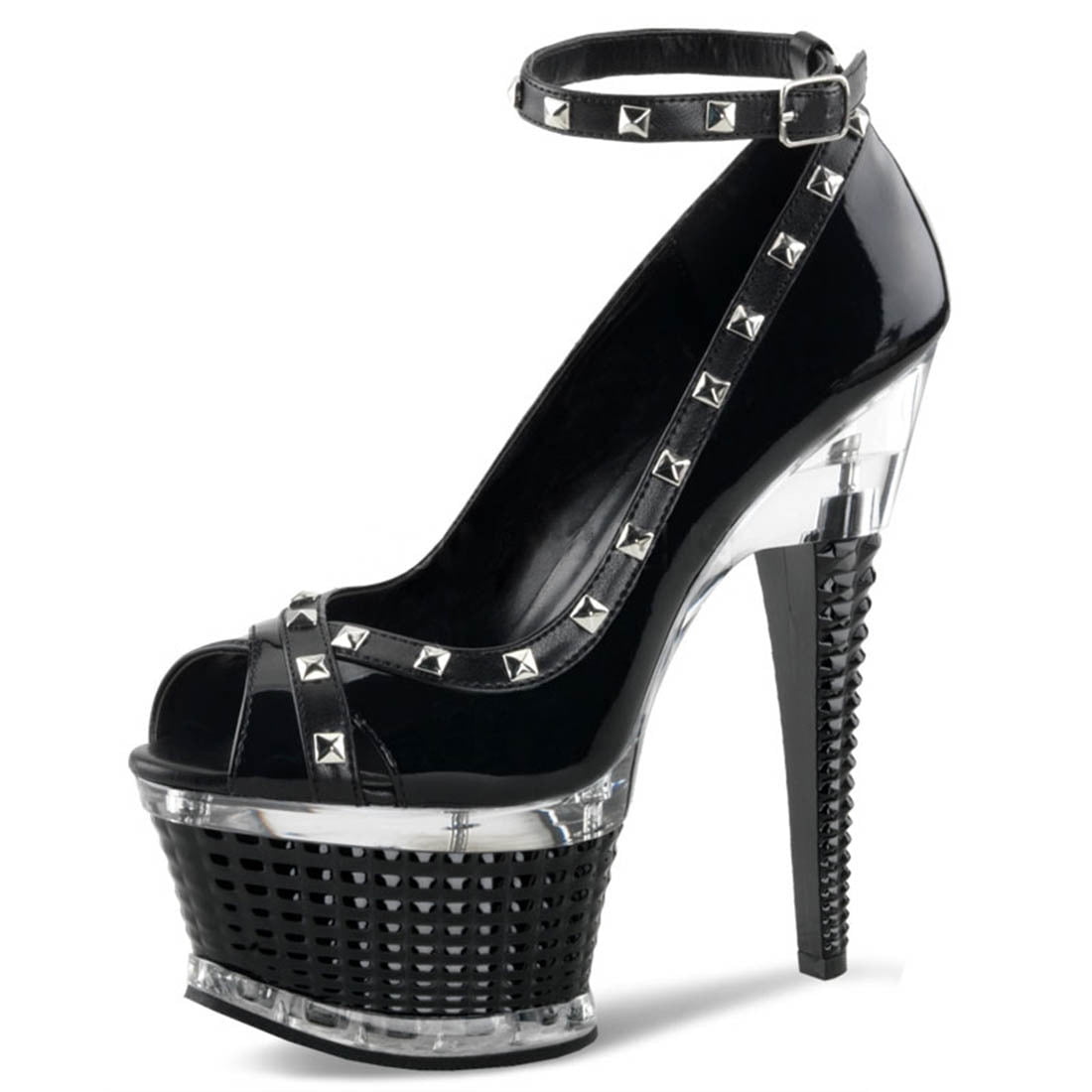 black shiny open toe heels