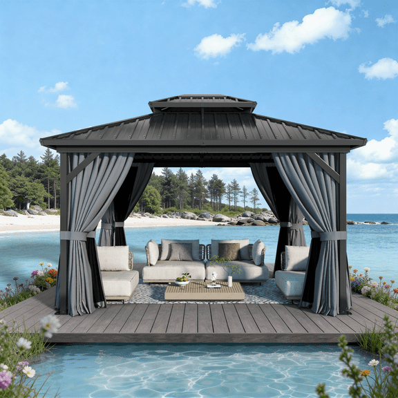 Clouddwell 12' X 10' Hardtop Gazebo with Double Roof Outdoor Gazebos for Patio Lawn and Garden Included Netting and Curtains, Gray