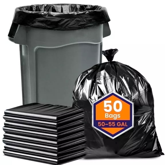 50-55 Gallon Trash Bags, 50 Count Heavy Duty Large Black Garbage Bags for Commercial, Janitorial, Lawn and Leaf, 48 x 40"