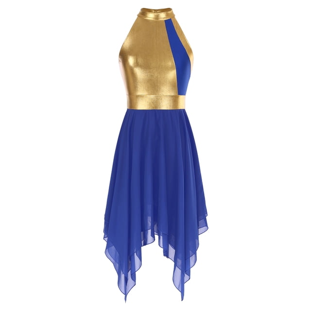 Nyeemya Robe de Danse Sans Manches Ourlet Asymétrique Culte Danse Lyrique Tunique Bleu Royal TG