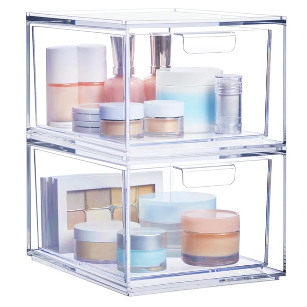 Cajones organizadores de plástico transparente apilables Audrey STORi | Juego de 2 piezas | Organice cosméticos y artículos de belleza en un tocador | Hecho en EE.UU.