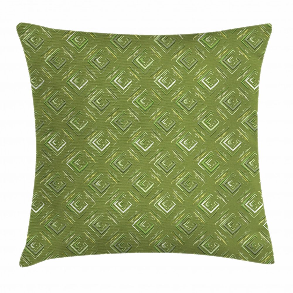 Olive Green Throw Pillow Cushion Cover, Grunge Geometric Pattern Square
