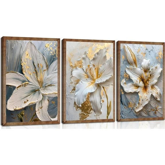 Abstract Golden White Flower Canvas Wall Art Boho Gold Foil Blossom Oil Painting Plane Textured Floral Wall Decor Nordic lily Posters Prints for Living Room Bedroom(only canvas)