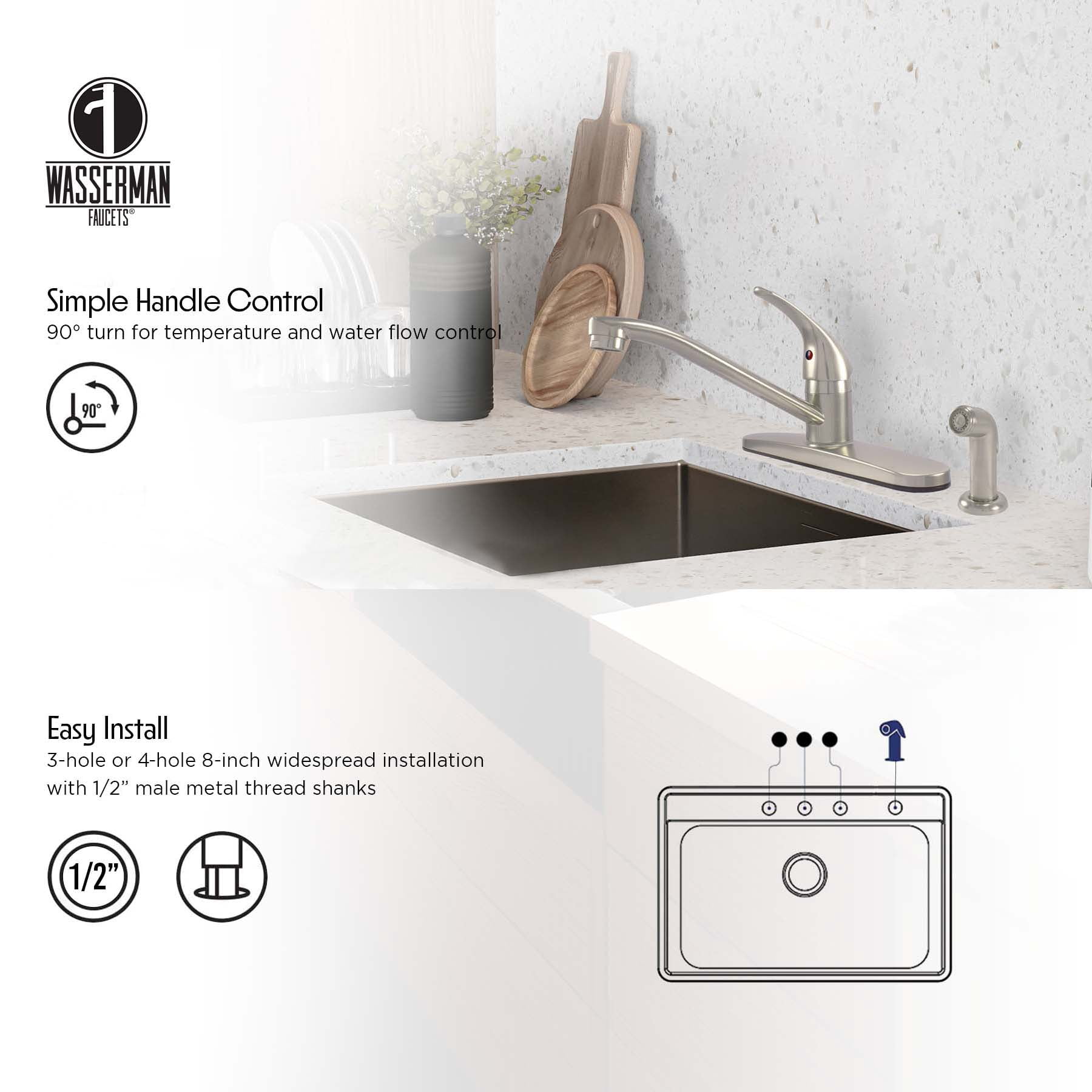 Hybrid Metal Deck Faucet Single Handle with Ceramic Cartridge and Spray, Brushed Nickel Finish