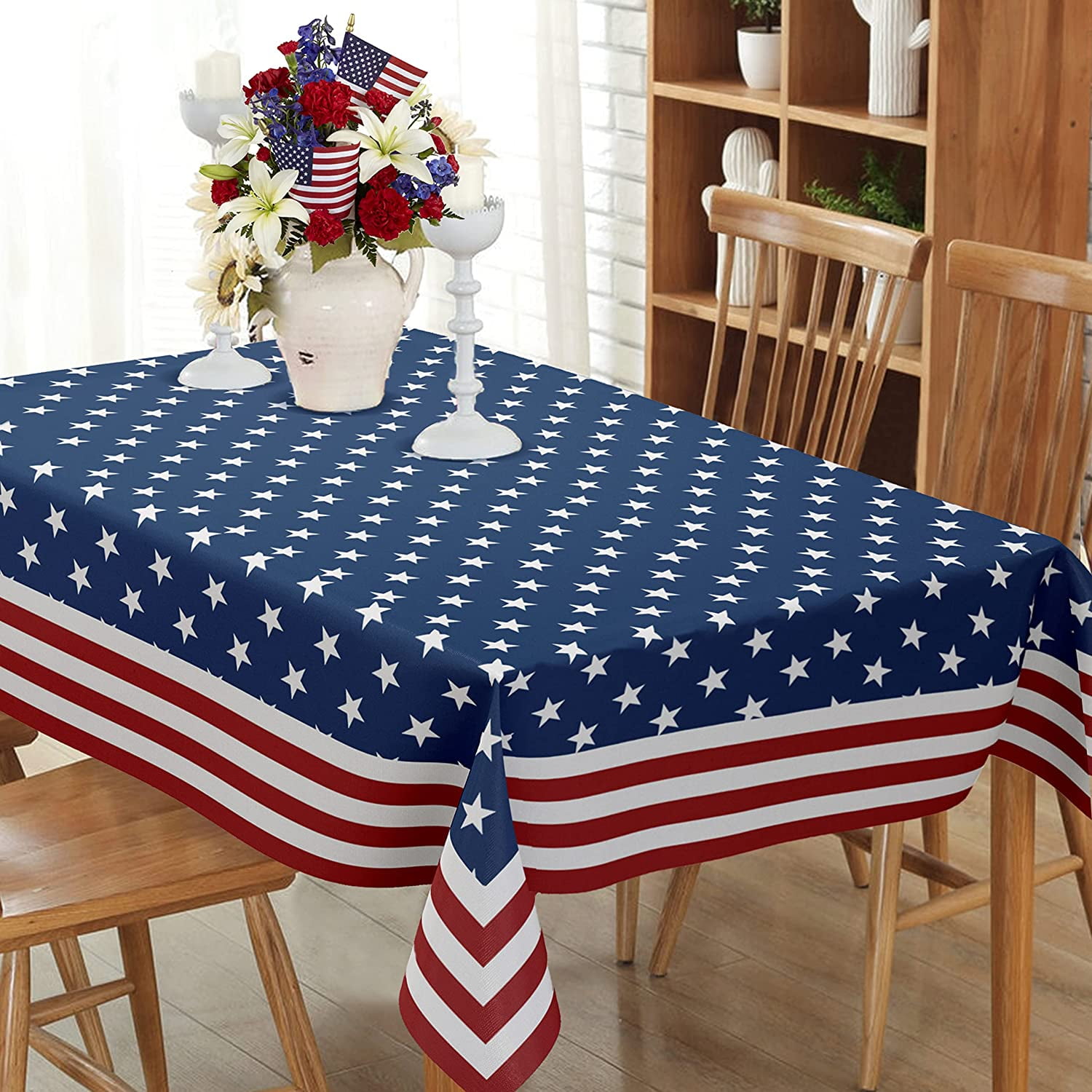 Rectangle 4th of July Tablecloth 60X102 Inch, Memorial Day Patriotic Tablecloth, Polyester Waterproof Wrinkle Resistant Washable Tablecloth,Holiday Kitchen Independence day Festival Dining Room Decor