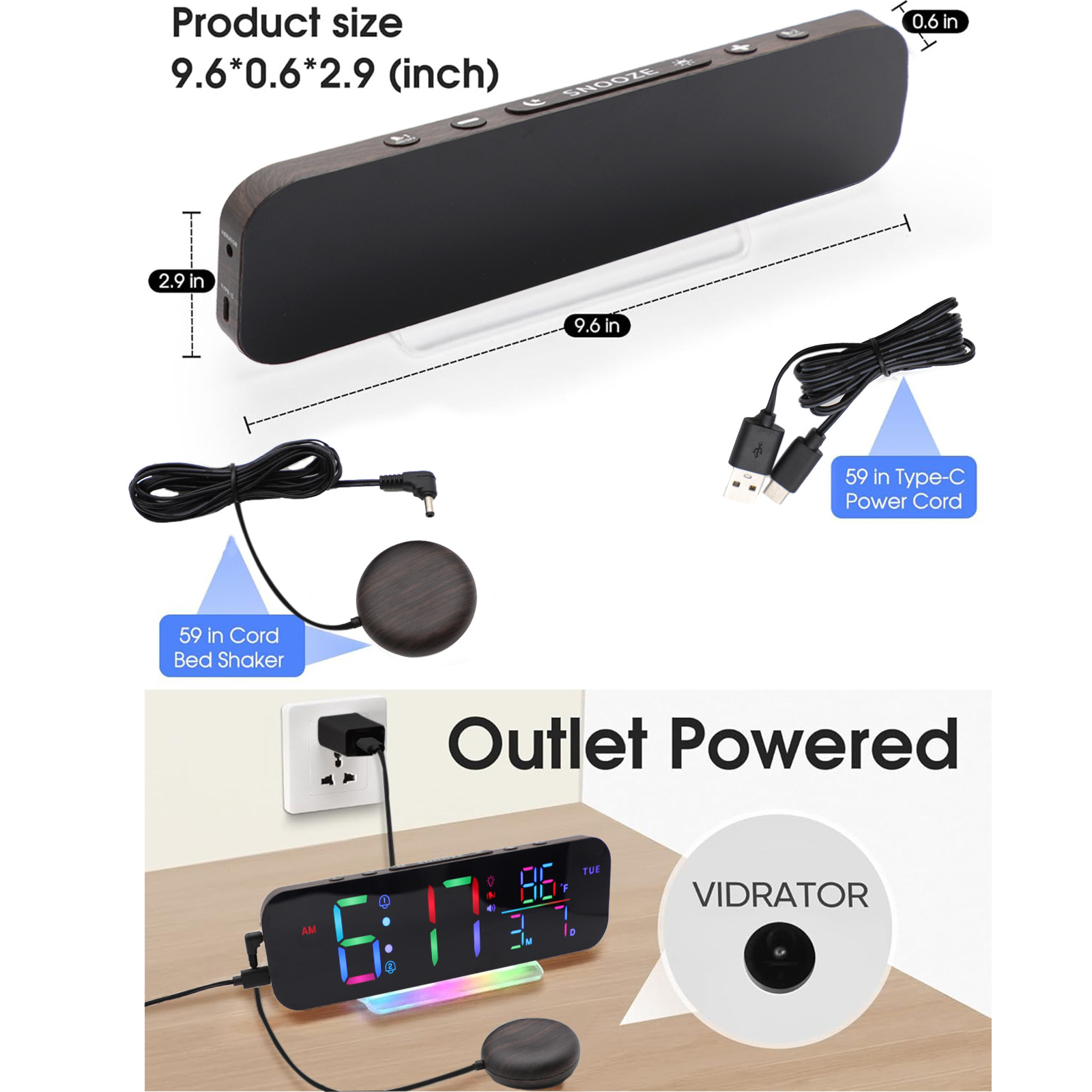 ITIGOITIE Extra Loud Vibrating Alarm Clock,Adjustable Volume,Dimmer,Large LED Digital with RGB Night Light for Bedrooms,Kids,Teens(Wood)