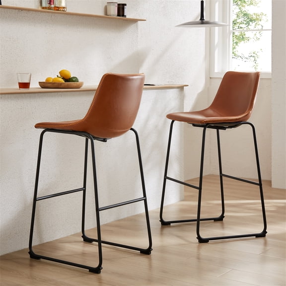 Spaco Counter Height Bar Stools Set of 2, Chair with Back, 30 inch Armless Industrial Faux Leather Barstools Dining Chairs for Home Island, Brown