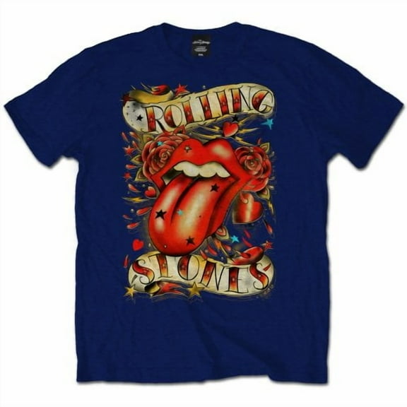 Rolling Stones Men's Tongue & Stars T-shirt Small Navy