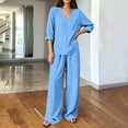 thumbnail image 6 of sdhkgrrt Women's Plus Size 2 Piece Pajama Outfit Striped V Neck 3/4 Sleeve Blouse Wide Leg Pants Casual Boho Lounge Set Loose Matching Travel Daily Tracksuits, Sky Blue S, 6 of 6