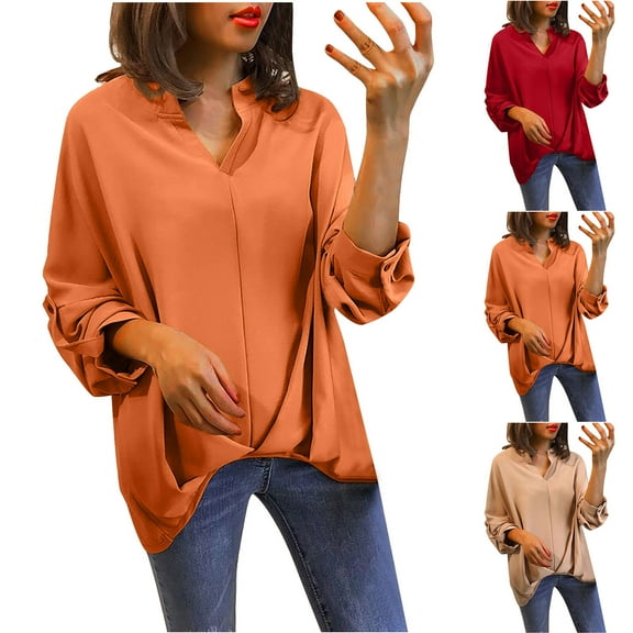 Fall Saving! HVOBTTY Women's Long Sleeved Pullover T Shirts, Fall Tops for Women Plus Size, Women's Loose Batwing Sleeve Shirt Daily Sport Wear Top Orange, L