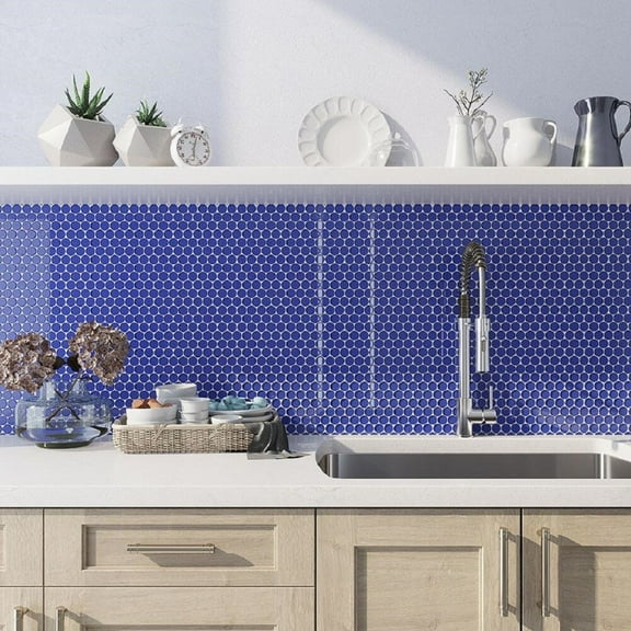 Apollo Tile 5 Pack 12-in x 12-in Royal Blue Penny Round Glossy Finished Glass Mosaic Wall and Floor Tile (5 sq ft/case)