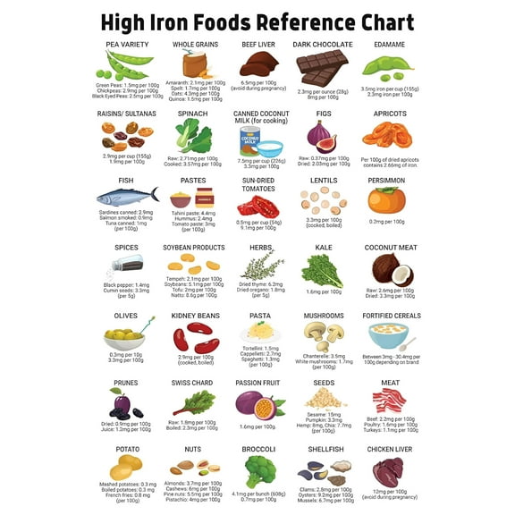Iron-Rich Food List Poster Nutrition Healthy List Poster Healthy Nutritional Eating Guide for Kitchen Decor (High Iron Food List)  poster