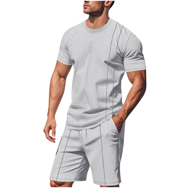Mens Camisas de Manga Corta Casual, Nuevo Estilo de la Moda, Cuello Redondo de la Parte Superior Del Cordón de la Cintura Pantalones Cortos Conjuntos