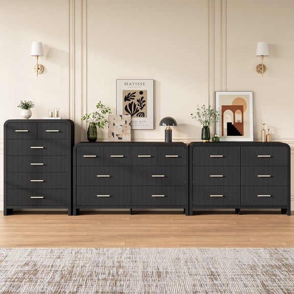 Hujauu Modern 3 Piece Bedroom Furniture Set, 8 Drawer Wood Dresser, 6 Drawer Wide Chest of Drawers & 6 Drawers Tall Dresser with Fluted Panels, Gold Handle, Black