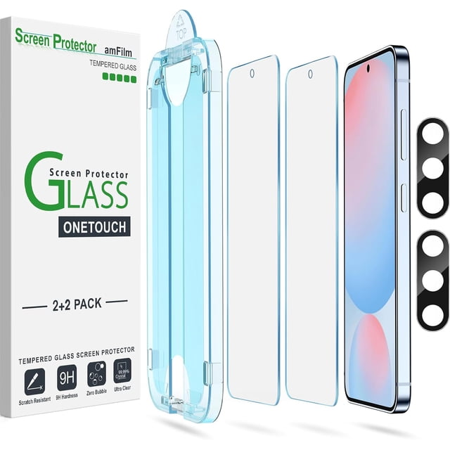 amFilm (2+2 Piezas OneTouch Compatible con Samsung Galaxy S24 FE Protector de Pantalla, Mica Cristal Vidrio Templado, y Protectores de Lente de Cámara, Dureza 9H con Kit de Instalación Fácil