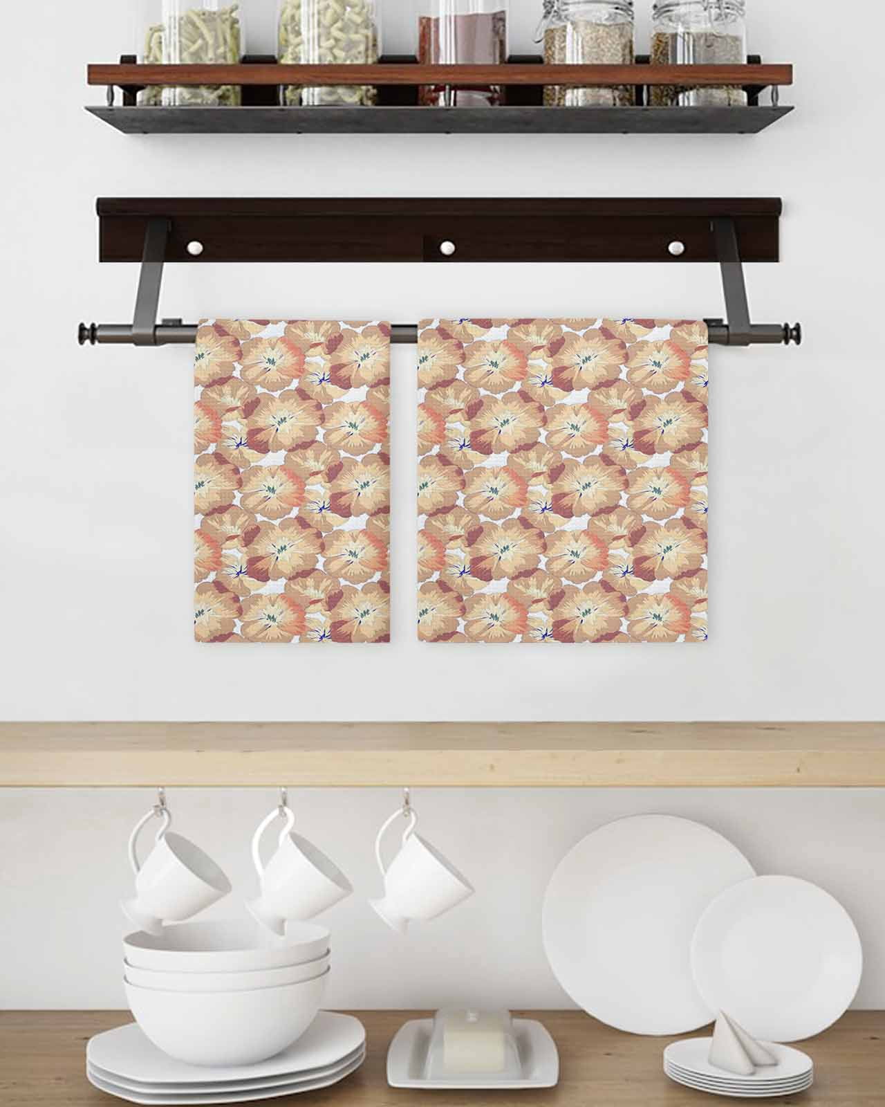 Spring Orange Flower Kitchen Dish Towels for Drying Dishes Set of 2, Vintage Country Plants Botanical Waffle Weave Microfiber Terry Hand Tea Bathroom Towels Quick Dry & Absorbent Towel 15.7x23.6