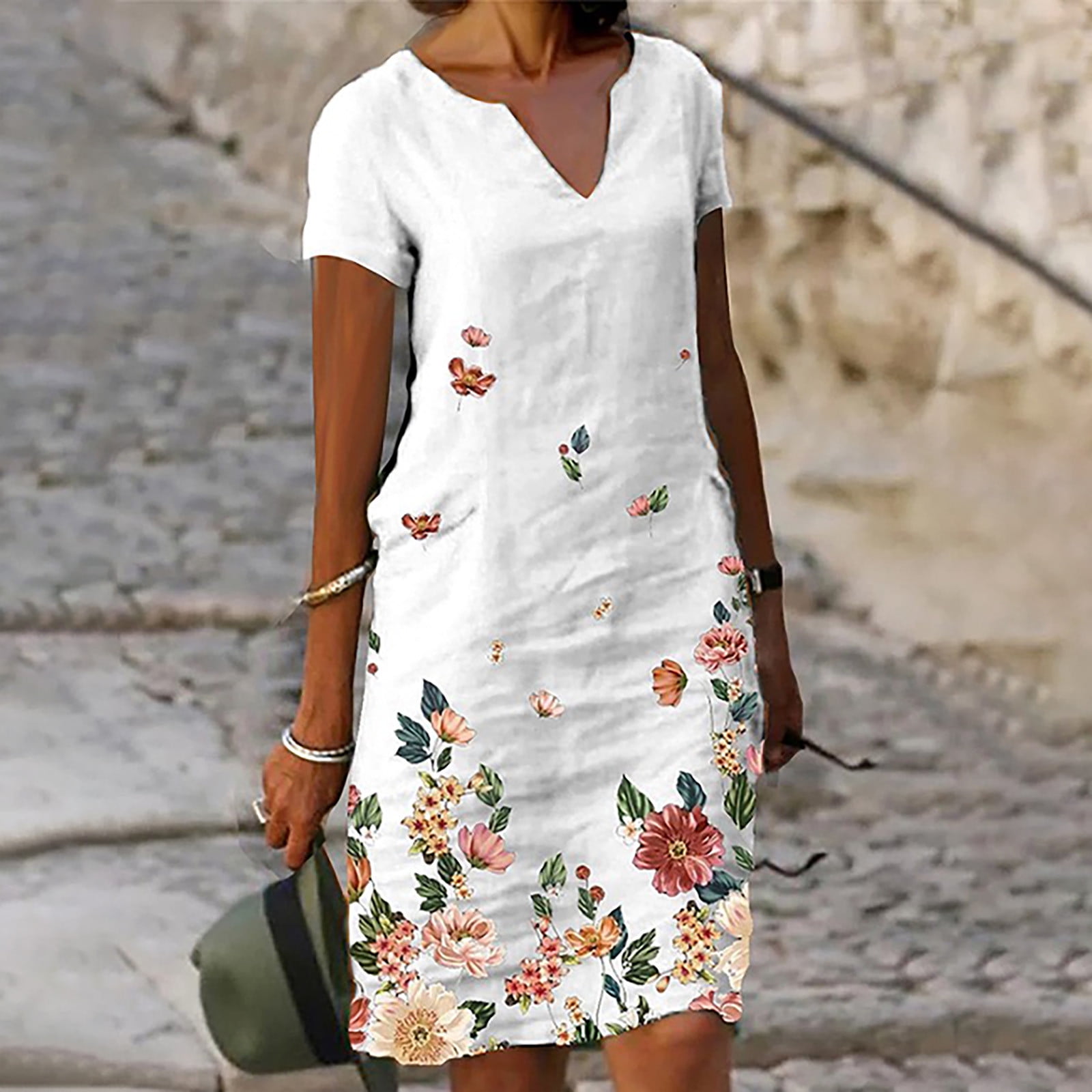 Womens Summer Dresses 2023 V Neck Plus Size Dress for Women Loose Solid Print Trends Dresses Summer Short Sleeve Beach Knee Length Dress White - Walmart.com