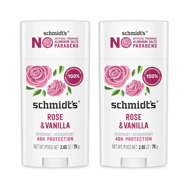 Desodorante Schmidt's Rose & Vanilla, 75 ml, protección 24 horas, paquete de 2