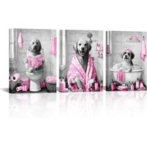 Hieng Funny Dogs Bathroom Wall Art Grey and Blue Bath Decor Cute Animal Painting Canvas Print